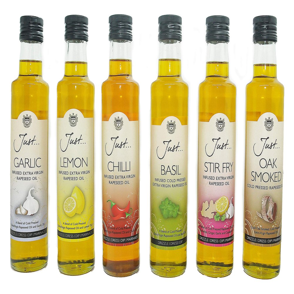 Just Oil - Classic Mixed Box - Garlic, Lemon, Chilli, Basil, Stir Fry and Oak Smoked Infused Cold Pressed Rapeseed Oil, 250ml (Pack of 6)