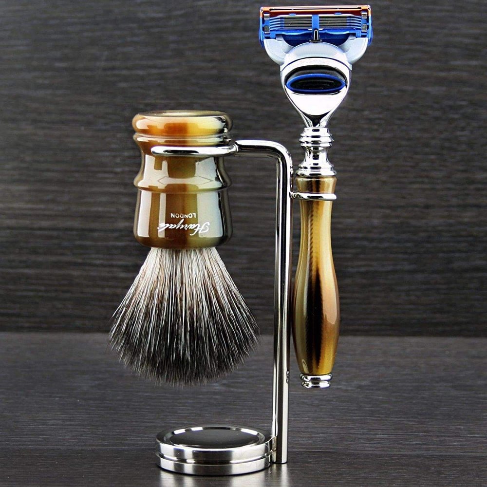 Haryali Horn Replica Mens 5 Edge Razor Shaving Brush & Shaving Stand
