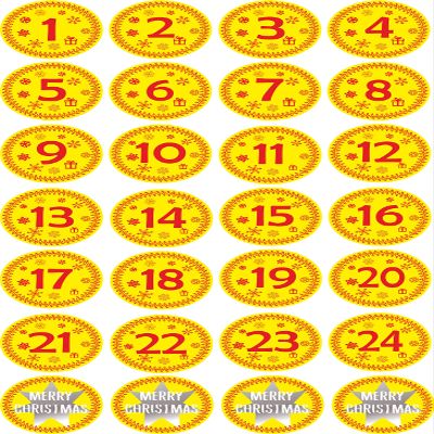 INDIGOS UG - Aufkleber fr Adventskalender 1 to 24 - Gelb + Bonus Vintage Style - Labels - Stickers - Weihnachtskalender - Weihnachten - Advent - rund - DIY Cut - JDM - Zum Aufkleben
