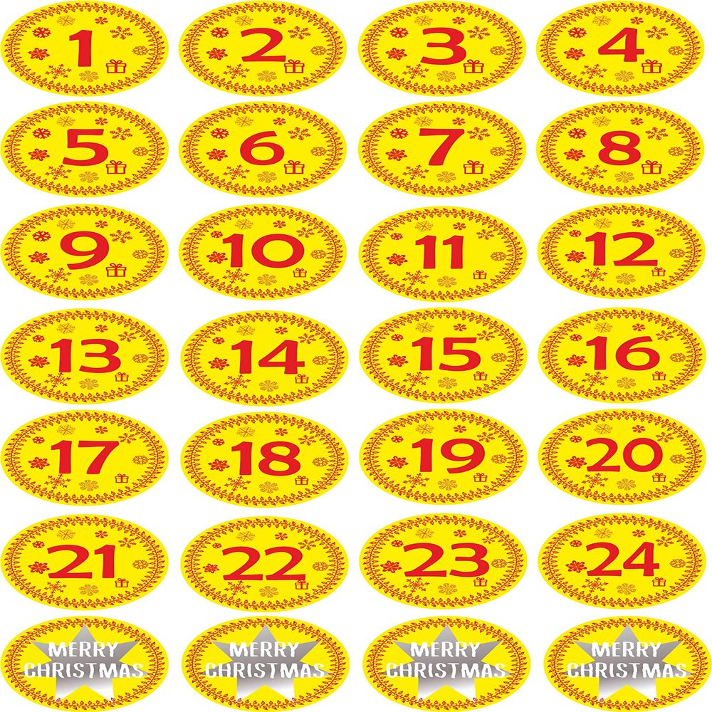 INDIGOS UG - Aufkleber fr Adventskalender 1 to 24 - Gelb + Bonus Vintage Style - Labels - Stickers - Weihnachtskalender - Weihnachten - Advent - rund - DIY Cut - JDM - Zum Aufkleben