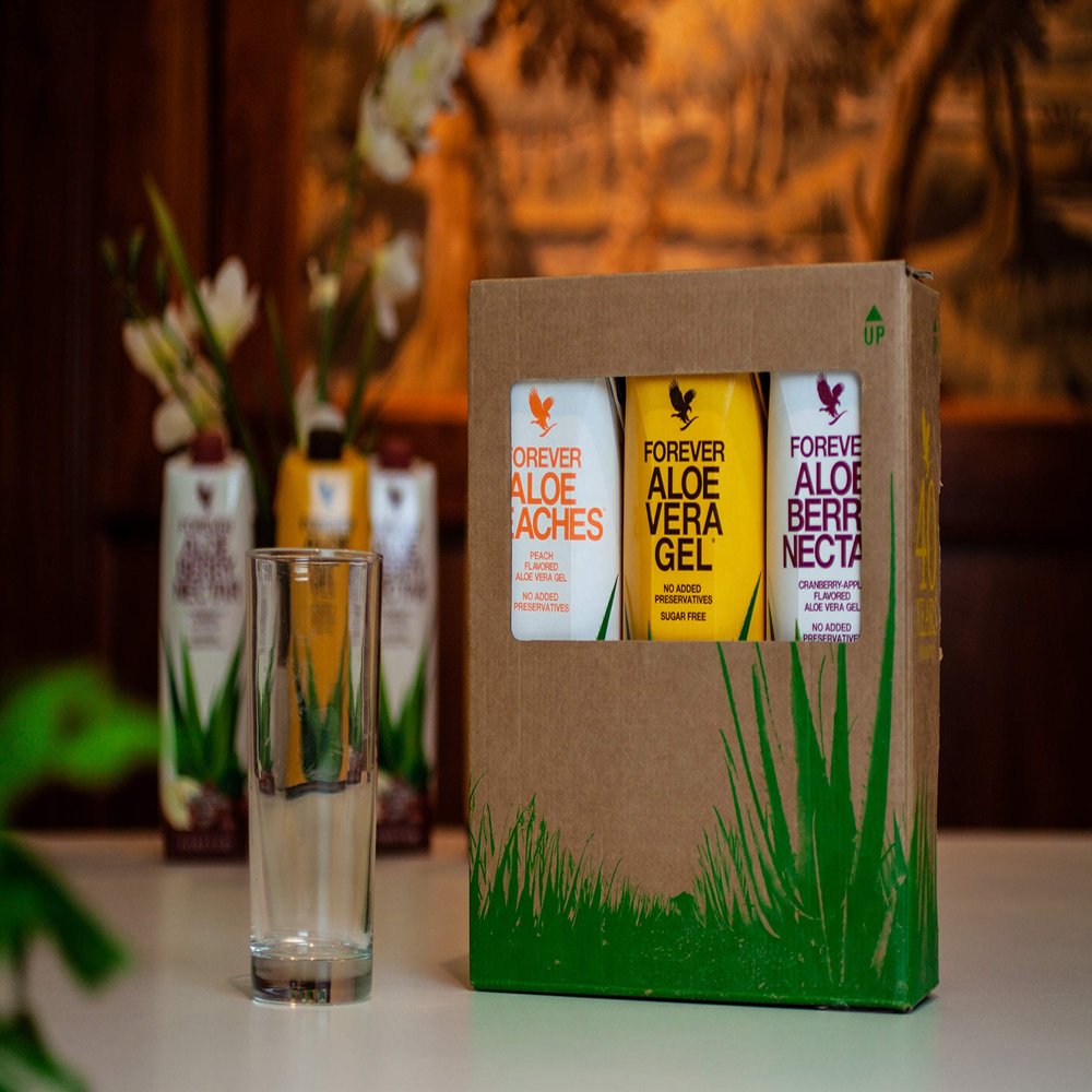 Forever Living Aloe Vera Gel Drink - Mixed Tripack - 1x Original Aloe Vera Gel, 1x Aloe Berry Nectar, 1x Aloe Peaches - 1L Each