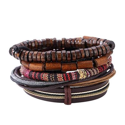 Unisex Mixed Bracelets Adjustable Handmade Multi Strand Braided Cowhide Bracelets Woven Leather Wristbands Wooden Beads Bracelet Wrist(1set of 5 pcs)