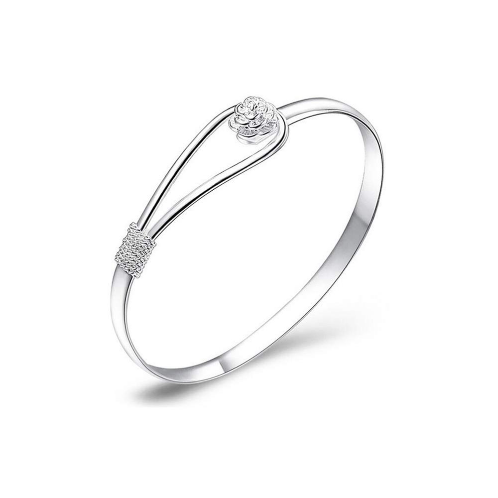 Elegant Silver Bracelet With Floral Design Clip-On Button Charm - Classic Bangle Jewellery for Women Girls (925 Plated Silver)