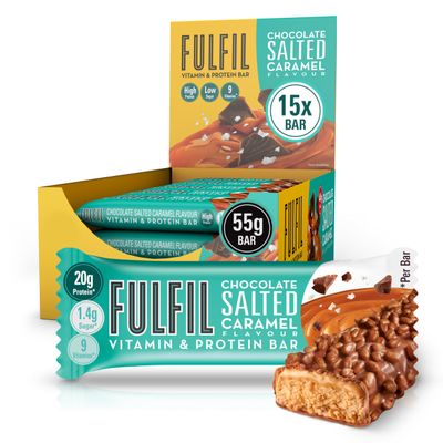 FULFIL Vitamin and Protein Bars (15 x 55 g Bars) Chocolate Salted Caramel Flavour 20 g High Protein; 9 Vitamins; Low Sugar