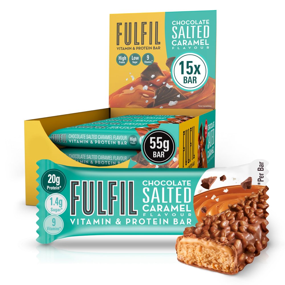 FULFIL Vitamin and Protein Bars (15 x 55 g Bars)  Chocolate Salted Caramel Flavour  20 g High Protein; 9 Vitamins; Low Sugar