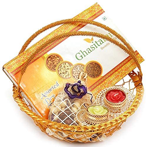 Ghasitaram Gifts Diwali Hampers - Golden Metal Basket with Dryfruit Box, Nutties Pouches and 2 2 t-Lites