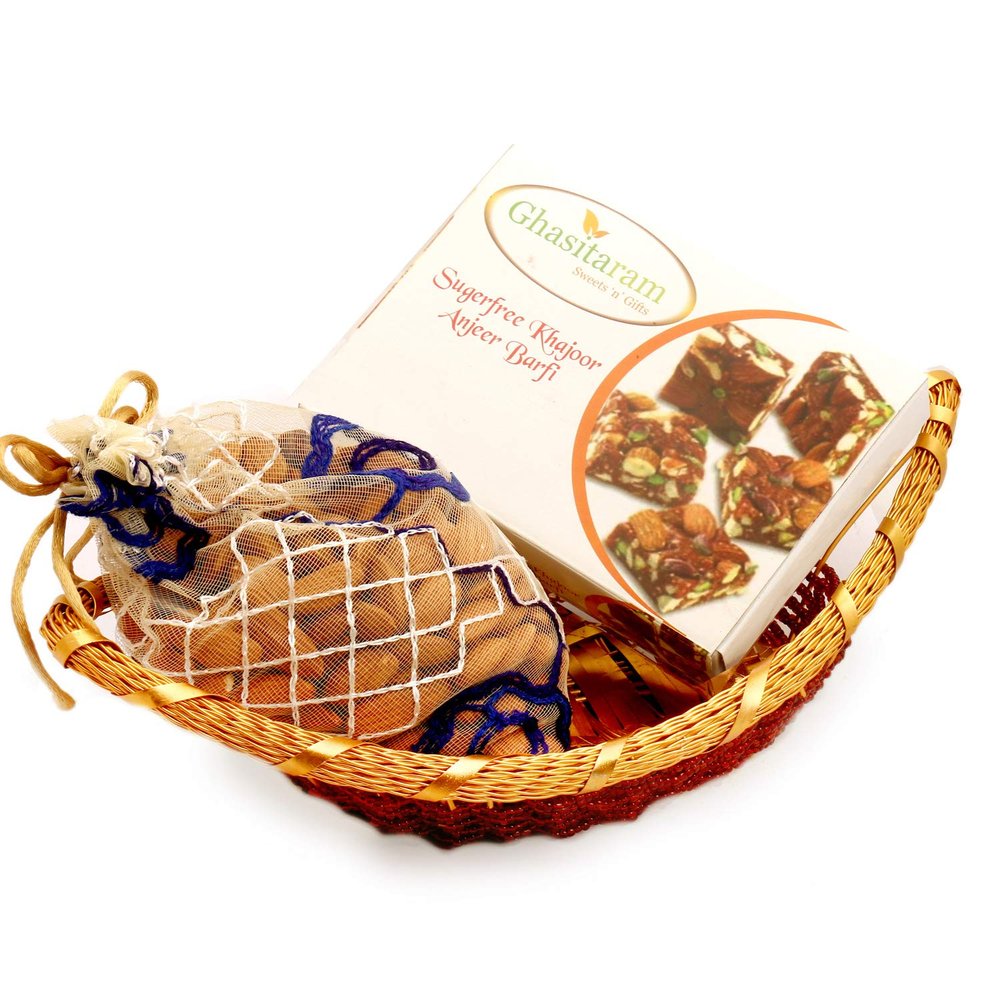 Ghasitaram Gifts Diwali Gifts Healthy Hampers - Boat Basket with Sugarfree Mix and Almonds Pouch|Gift for Diwali,Holi,Rakhi,Valentine,Christmas,Birthday,Anniversary,Her,Him|