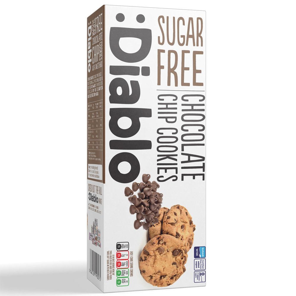 Diablo Sugar Free Chocolate Chip Cookies  Low Sugar Snacks Made with Maltitol, Crunchy Chocolate Flavor Treats for Everyday Snacking, Guilt Free Biscuit Alternative, 130g Pack of 1