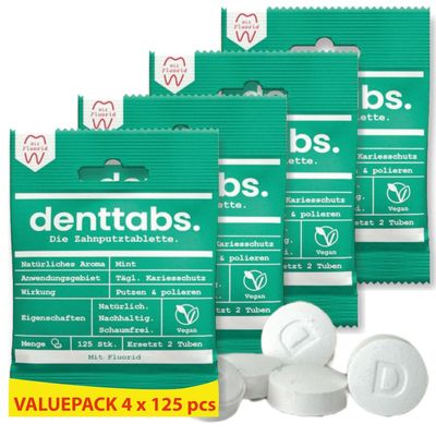 DENTTABS Toothbrush Tablets with Fluoride (4 x 125 Pieces) Mild and Pleasant, Vegan, with Fluoride, Natural Cosmetics