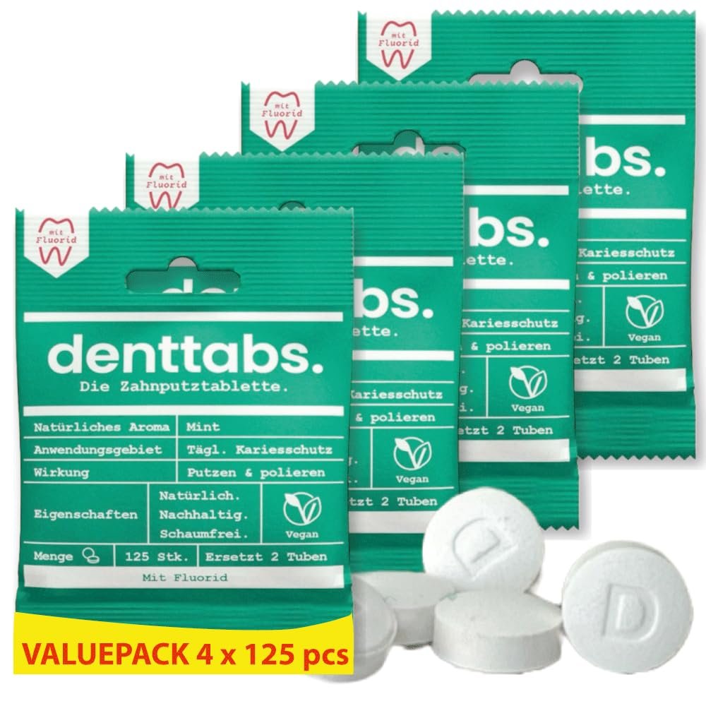 DENTTABS Toothbrush Tablets with Fluoride (4 x 125 Pieces) Mild and Pleasant, Vegan, with Fluoride, Natural Cosmetics