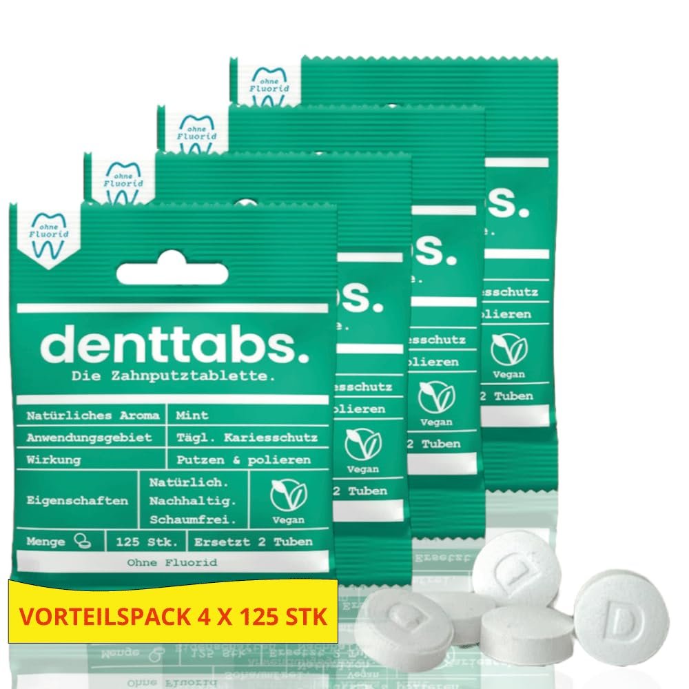 DENTTABS Toothbrushes tablets without fluoride (4 x 125 pieces), mild and comfortable, fluoride-free, vegan, natural cosmetics