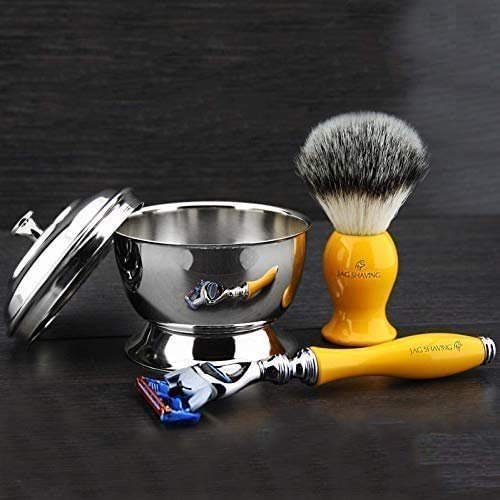 5 Edge Razor Shaving Set for Men Silver Tip Synthetic Badger and 5 Edge Razor Stainless Steel Shaving Bowl Resin Handles for Mens Wet Shave