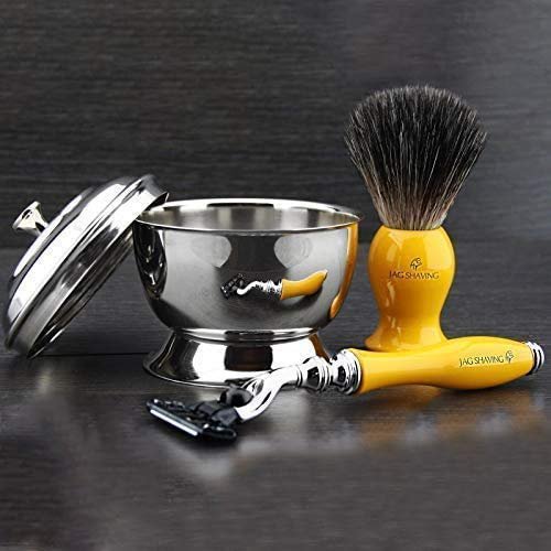 3 Piece Black Synthetic Badger and Triple Action Razor Stainless Steel Shaving Bowl with Lid Special Yellow Selection 1 Pre-Installed Cartridge