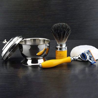 4 Piece Wet Shaving Set, Black Synthetic Badger, 5 Edge Cartridge Compatible Razor, Stainless Steel Shaving Bowl with Soap, 1 Pre-Installed Cartridge Ready to Use