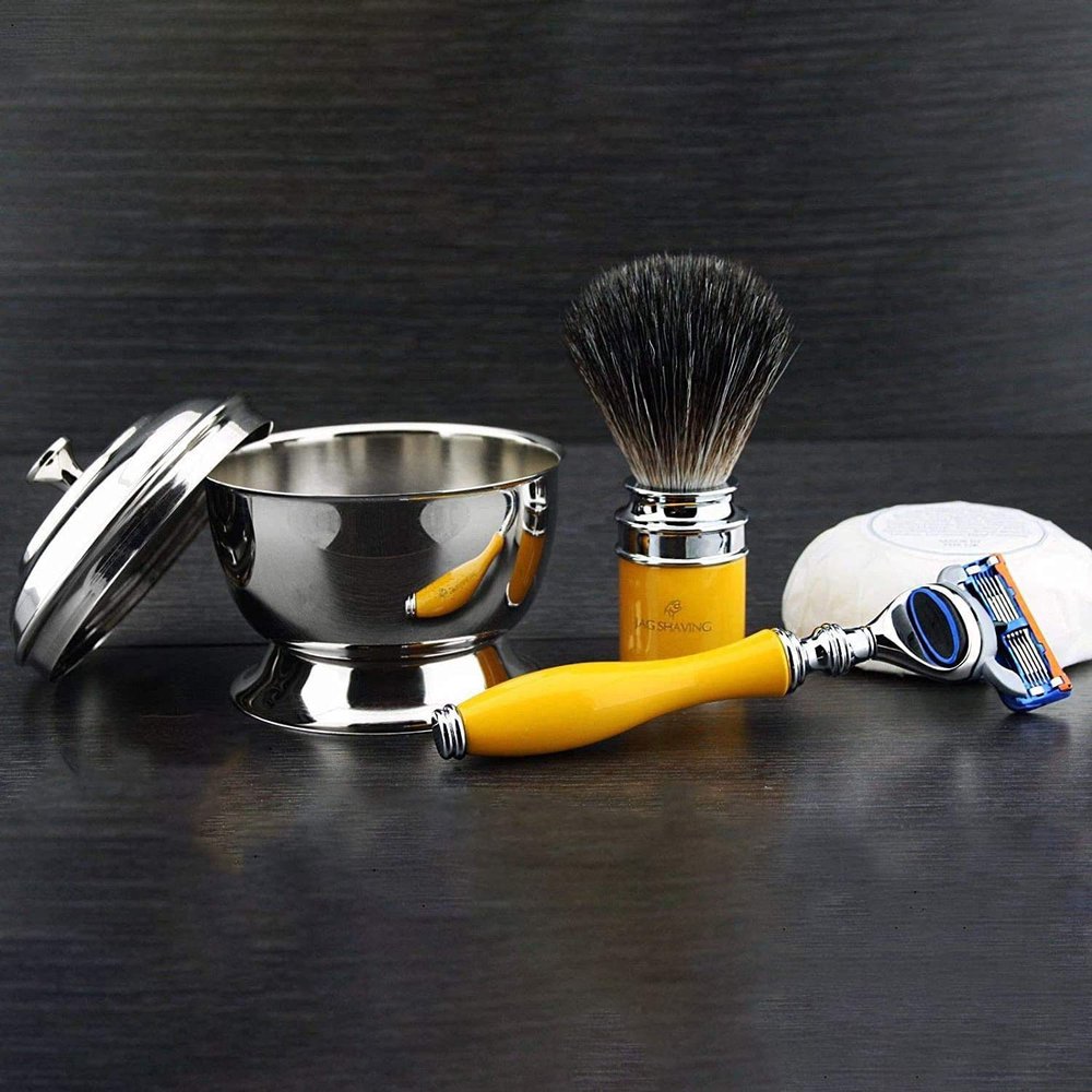 4 Piece Wet Shaving Set, Black Synthetic Badger, 5 Edge Cartridge Compatible Razor, Stainless Steel Shaving Bowl with Soap, 1 Pre-Installed Cartridge Ready to Use