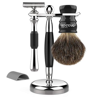 Anbbas 3in1 Badger Hair Shaving Brush Set, Shaving Razor and Brush Stand Stainless Steel,Double Edge Safety Razor with Cover for Men Women Wet Shave Hair Removal