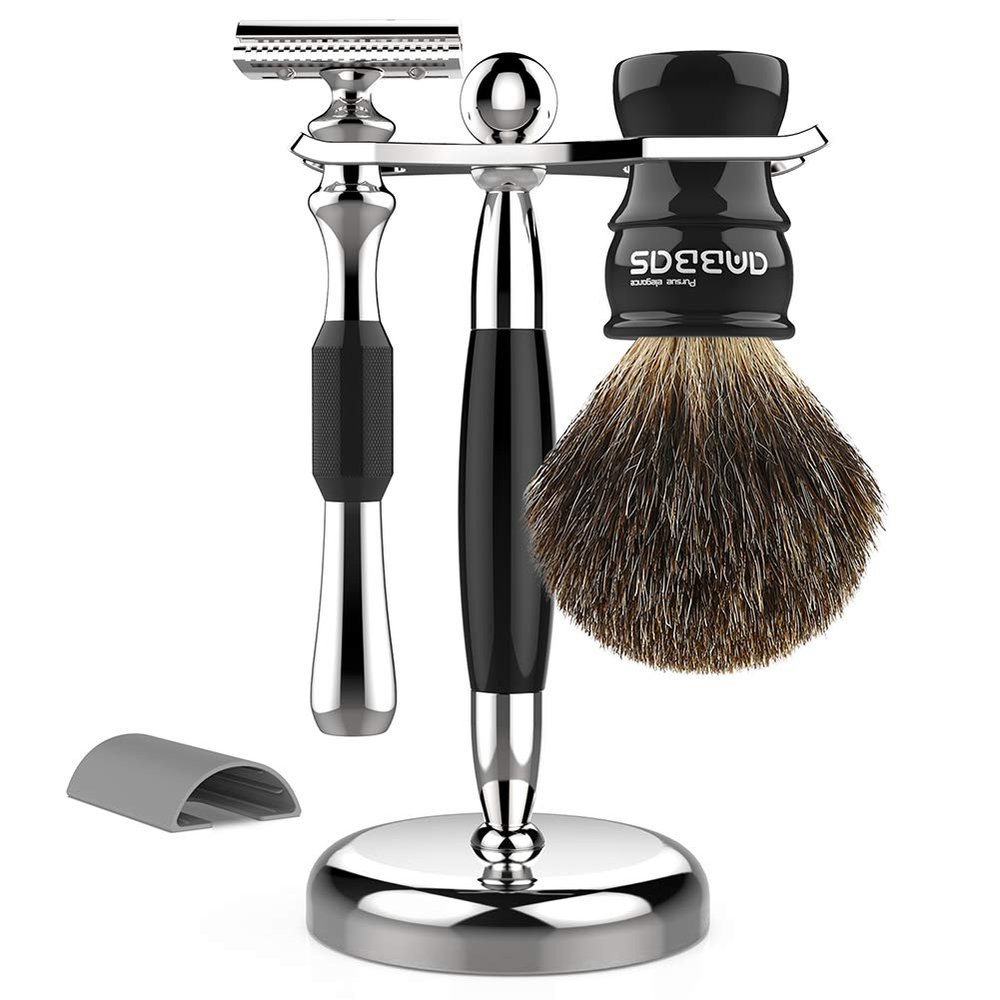 Anbbas 3in1 Badger Hair Shaving Brush Set, Shaving Razor and Brush Stand Stainless Steel,Double Edge Safety Razor with Cover for Men Women Wet Shave Hair Removal
