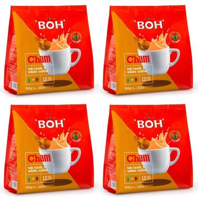 4 Pack BOH Cham (Milk Tea Teh Tarik + White Coffee) Imported from Malaysia (4 x 12 Sachets)