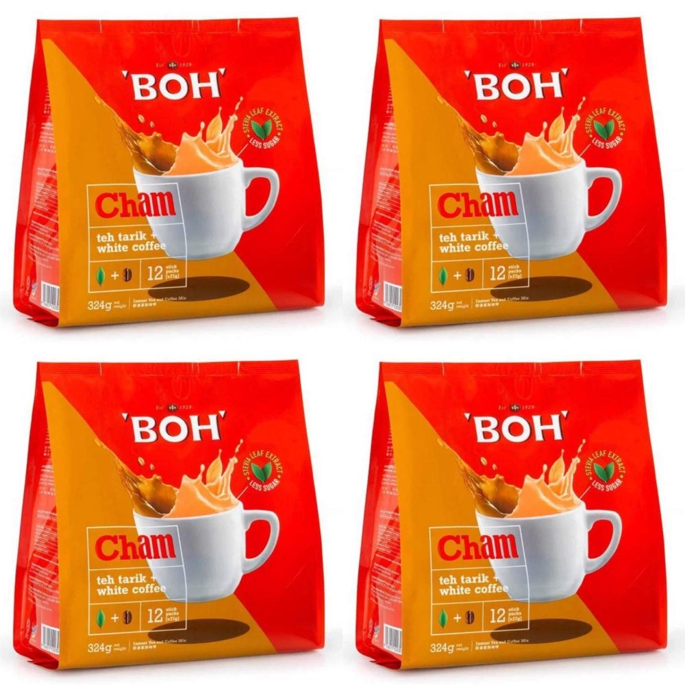 4 Pack BOH Cham (Milk Tea Teh Tarik + White Coffee) Imported from Malaysia (4 x 12 Sachets)
