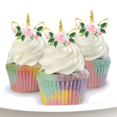12 Unicorn Horn PRECUT Edible Cupcake Toppers - Stand Up Wafer Cake Decorations  (PRECUT)