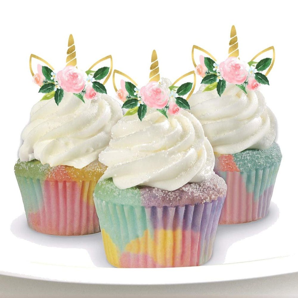 12 Unicorn Horn PRECUT Edible Cupcake Toppers - Stand Up Wafer Cake Decorations  (PRECUT)