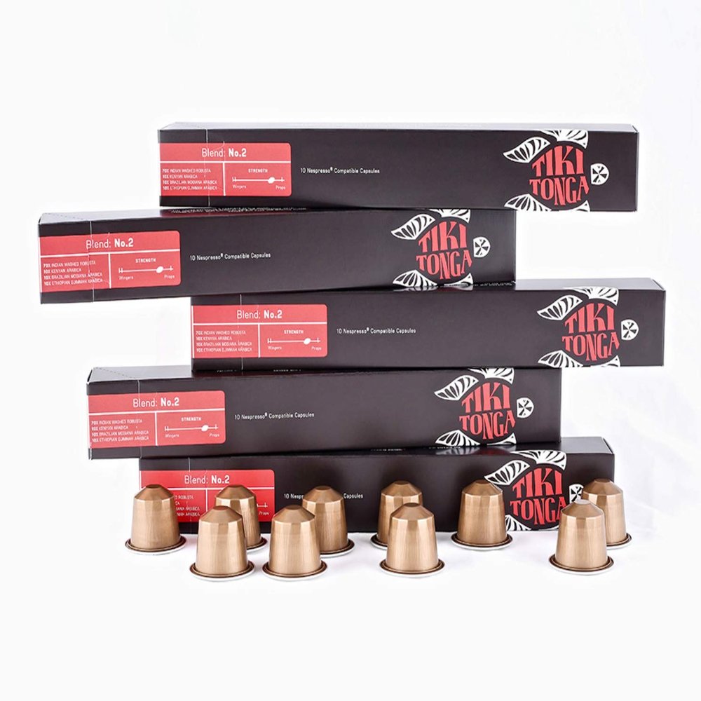 Tiki Tonga Coffee Roasters - 10 Nespresso Compatible Coffee Capsules - Blend No.2 Capsules - (50 Capsules)