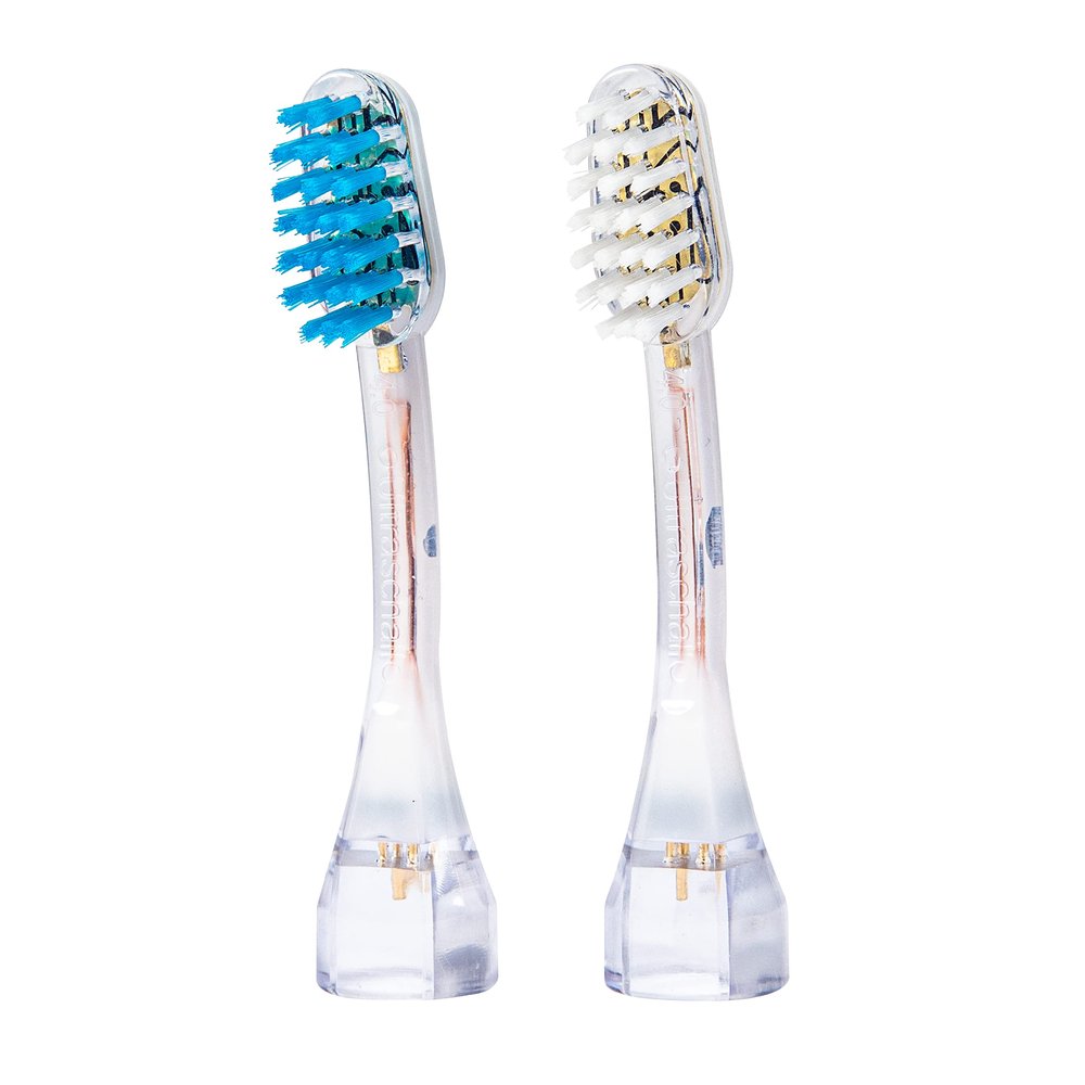 emmi-dent 2X M2 Toothbrush Heads (1x Blue + 1x White) I Standard Replacement Brushes with a Balanced Hardness and Straight Bristles I for All emmi-dent Platinum Ultrasonic Toothbrushes