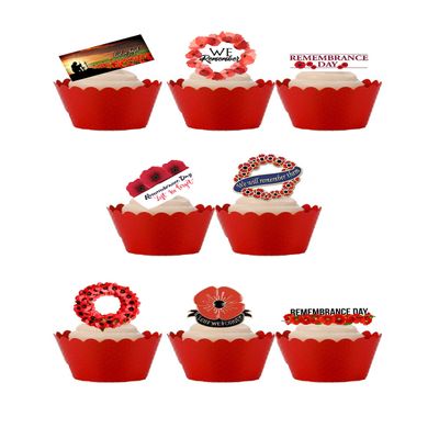 24 Stand Up Remembrance Day Poppy Themed Edible Wafer paper Cake Toppers Decorations