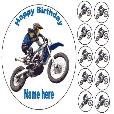 Personalised motocross motorbike 7.5" inch cake topper with 1.5 inch cupcake toppers edible icing