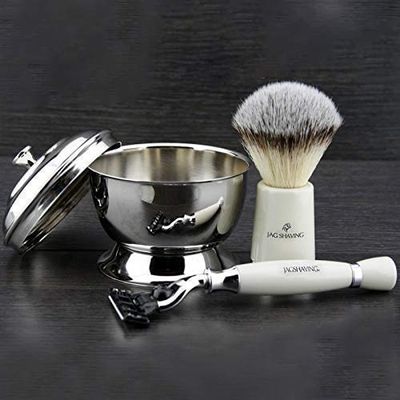 3 Piece JAG SHAVING Shaving Set - Ready to Use - by JAGSHAVING || Silver Tip Synthetic Badger & Triple Edge Compatible Razor + Stainless Steel Shaving Bowl with Lid