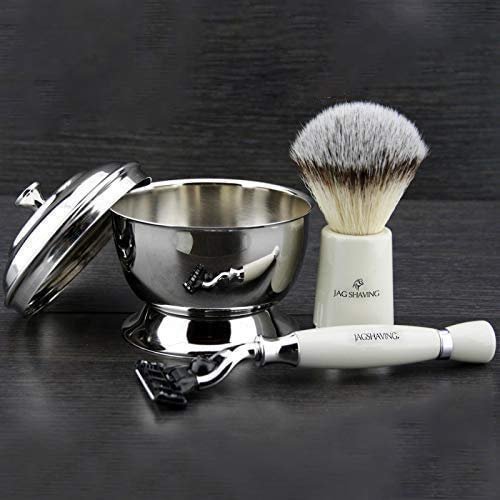 3 Piece JAG SHAVING Shaving Set - Ready to Use - by JAGSHAVING || Silver Tip Synthetic Badger & Triple Edge Compatible Razor + Stainless Steel Shaving Bowl with Lid