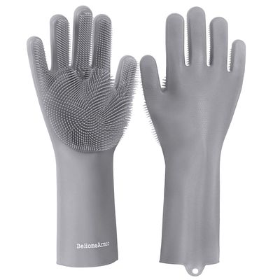 BeHomeArmor Magic Washing Up Gloves, Reusable Silicone Household Cleaning Gloves for Kitchen, Bathroom Cleaning and Pet Hair Care, Latex and BPA Free ( 1 Pair) (Gray)