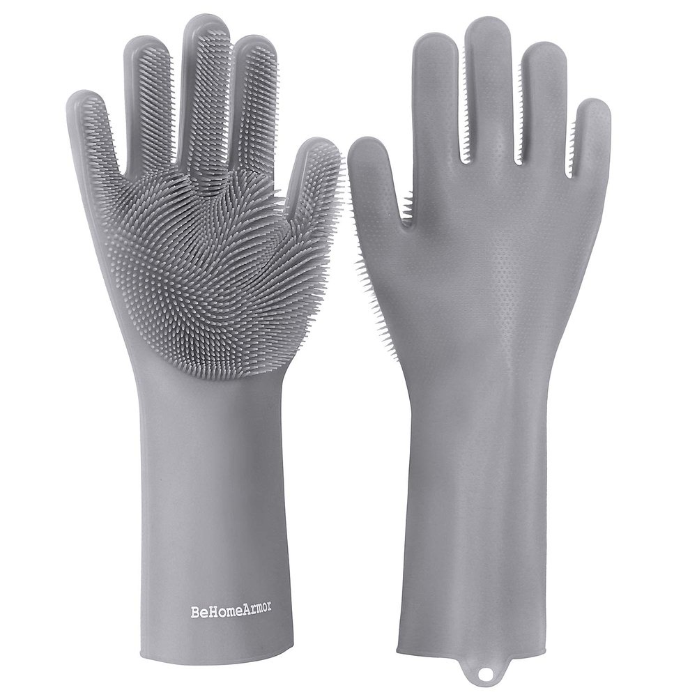 BeHomeArmor Magic Washing Up Gloves, Reusable Silicone Household Cleaning Gloves for Kitchen, Bathroom Cleaning and Pet Hair Care, Latex and BPA Free ( 1 Pair) (Gray)