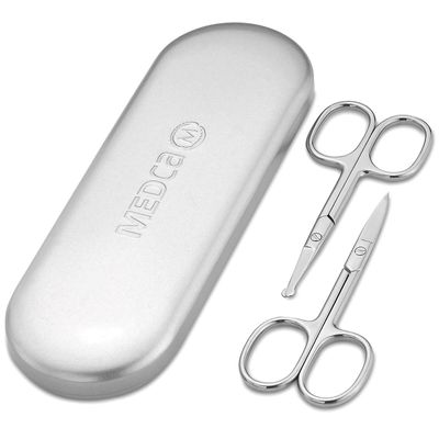 Stainless Steel Grooming Scissors - Eyebrow Scissor, Beard & Mustache Trimming Set, Small Curved & Rounded Tip Facial Hair Trimmer Kit for A Much Safer Ear, Nose Hair Clipper for Men & Travel Case