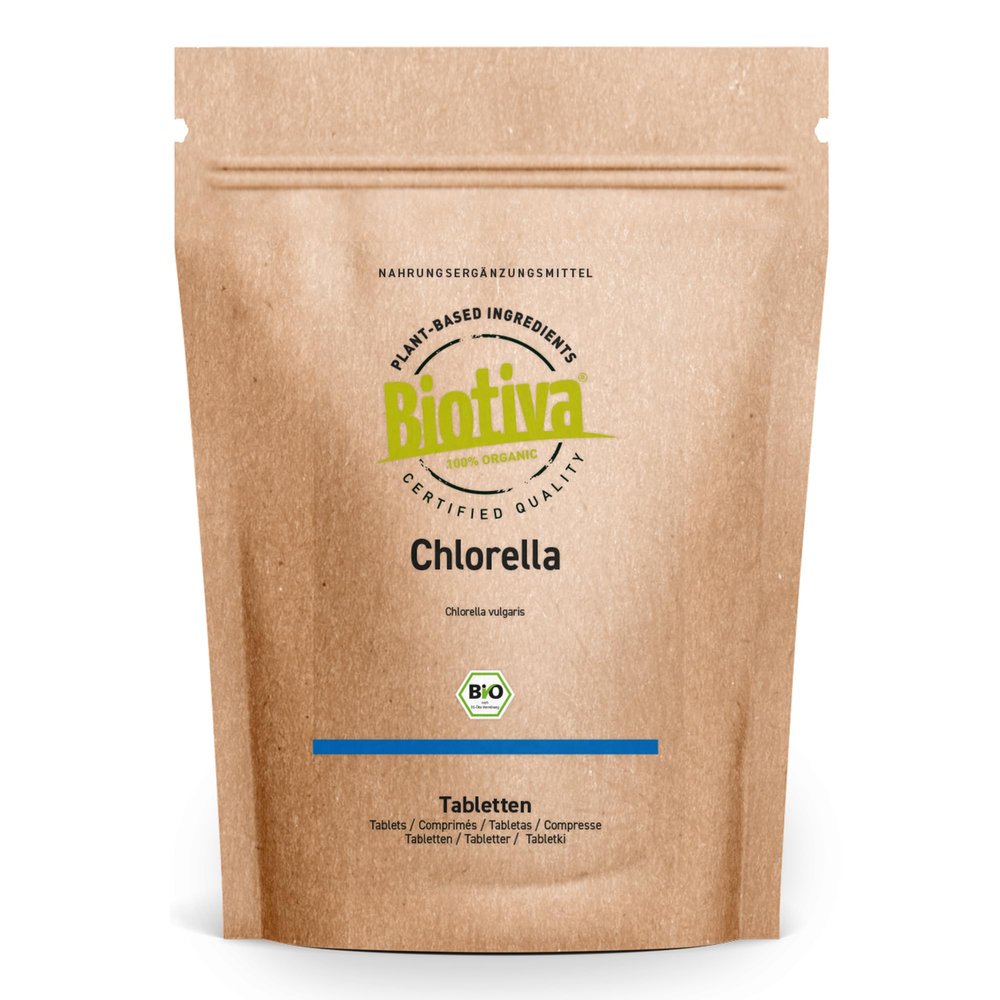 Biotiva Chlorella Organic Tablets - 500mg high dose - 500g - 1000 pellets - 100% Pure - Vegan Chlorella Algae pellets - Without Magnesium Stearate - Packed and Controlled in Germany (DE-ECO-005)