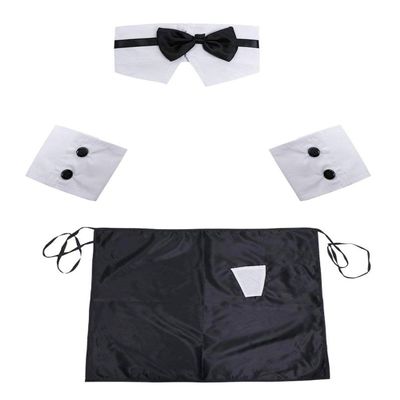 365-Shopping Men's 4PCS Naughty Butler Waiter Costume Bow Tie Collar Cuffs With Apron Bodysuit Lingerie Outfit