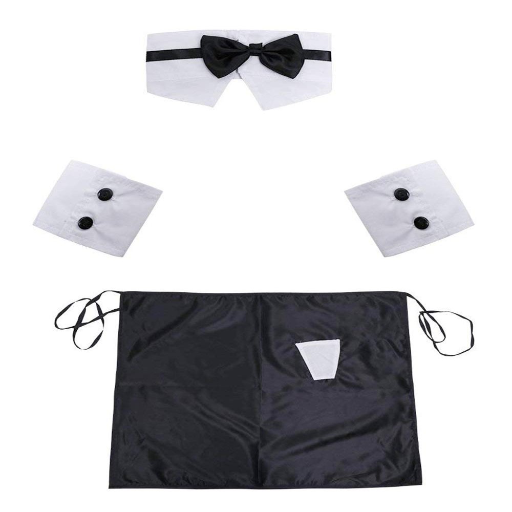 365-Shopping Men's 4PCS Naughty Butler Waiter Costume Bow Tie Collar Cuffs With Apron Bodysuit Lingerie Outfit