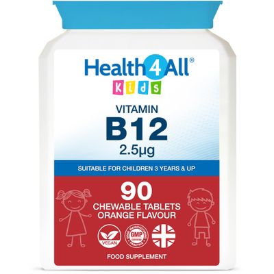 Health4All Kids Vitamin B12 2.5mcg 90 Chewable Tablets 3 Months Supply, Vegan VitB12 Methylcobalamin Supplement for Children 3+, Sugar-Free, Natural Orange Flavour | Made in UK (not Gummies)