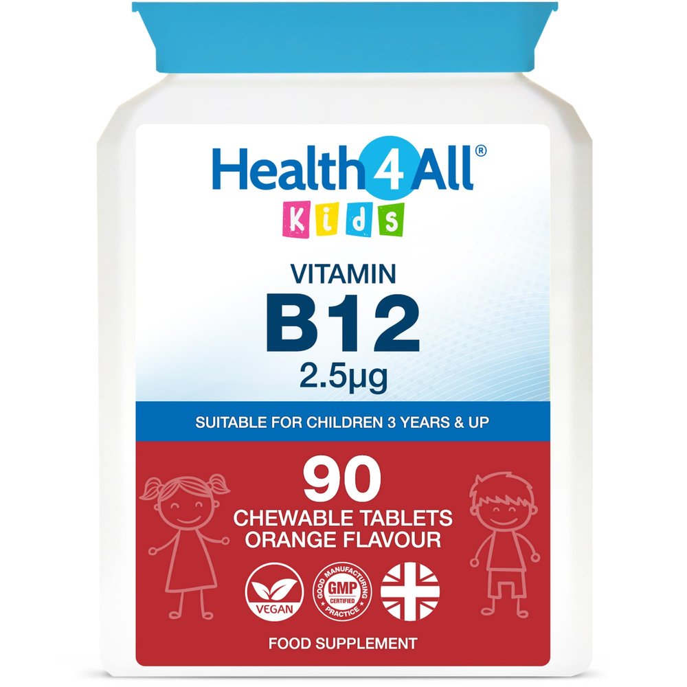 Health4All Kids Vitamin B12 2.5mcg 90 Chewable Tablets 3 Months Supply, Vegan VitB12 Methylcobalamin Supplement for Children 3+, Sugar-Free, Natural Orange Flavour | Made in UK (not Gummies)