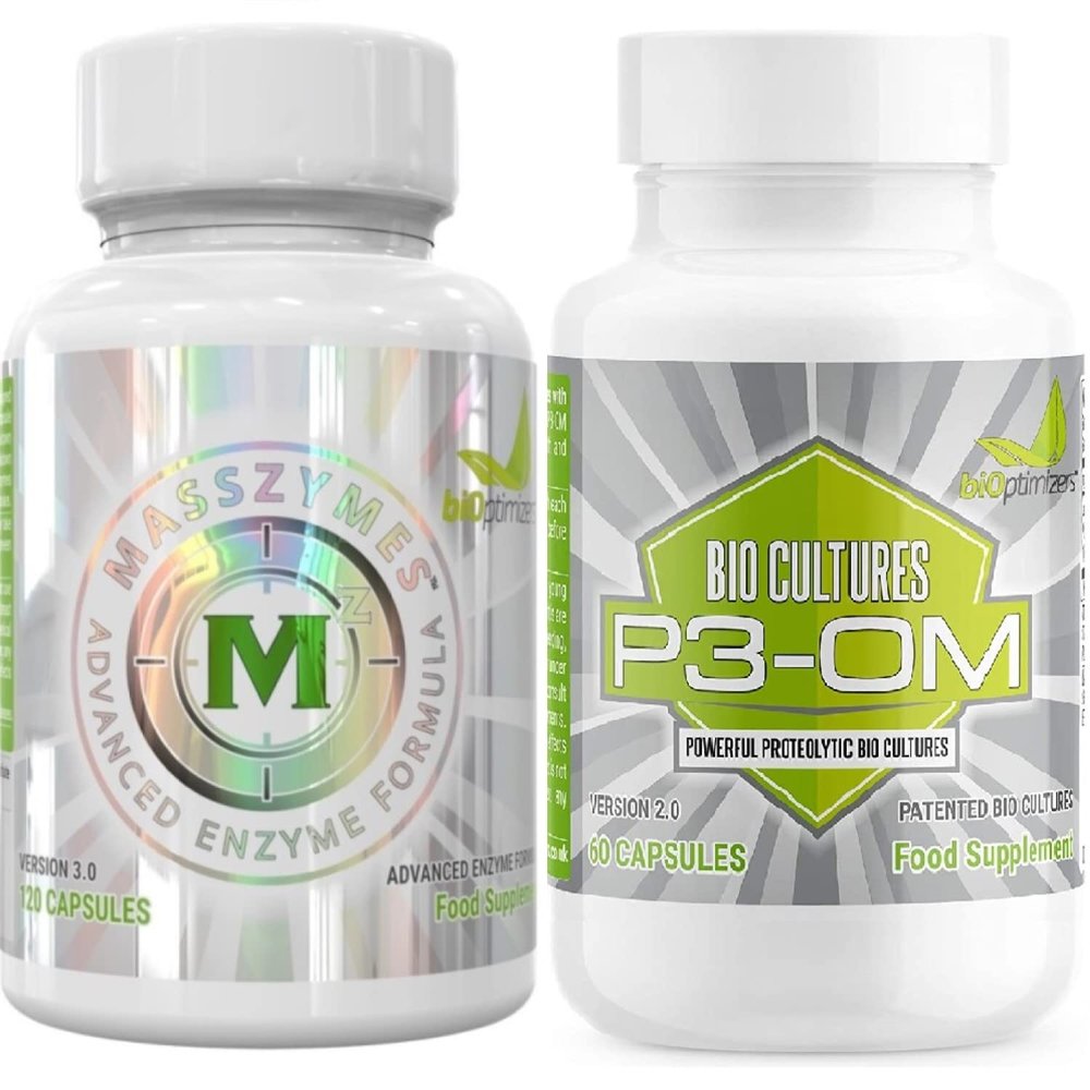BiOptimizers MassZymes Digestive Enzymes (120 Capsules) and P3-OM Probiotic & Prebiotic (60 Capsules) Supplement Bundle