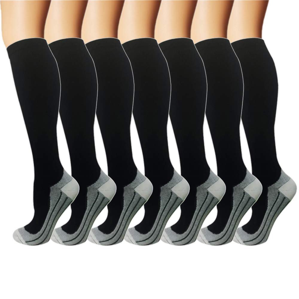 7 Pack Copper Knee High Compression Socks For Men & Women-Best For Running,Athletic,Medical,Pregnancy and Travel -15-20mmHg (L/XL, Black-1)