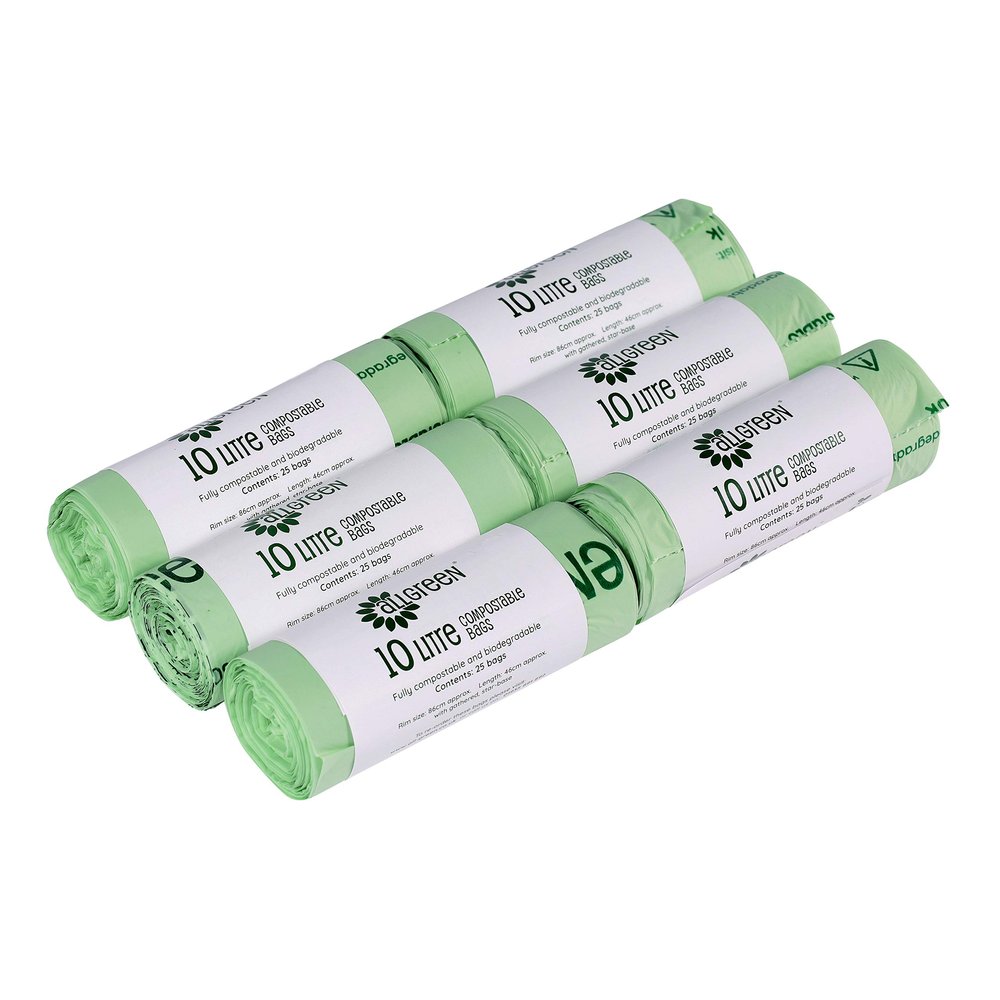 10 Litre x 150 All-Green bags - Compostable Kitchen Caddy Liner - Food Waste Bin Liners - EN 13432 - All-Green Bags with Composting Guide