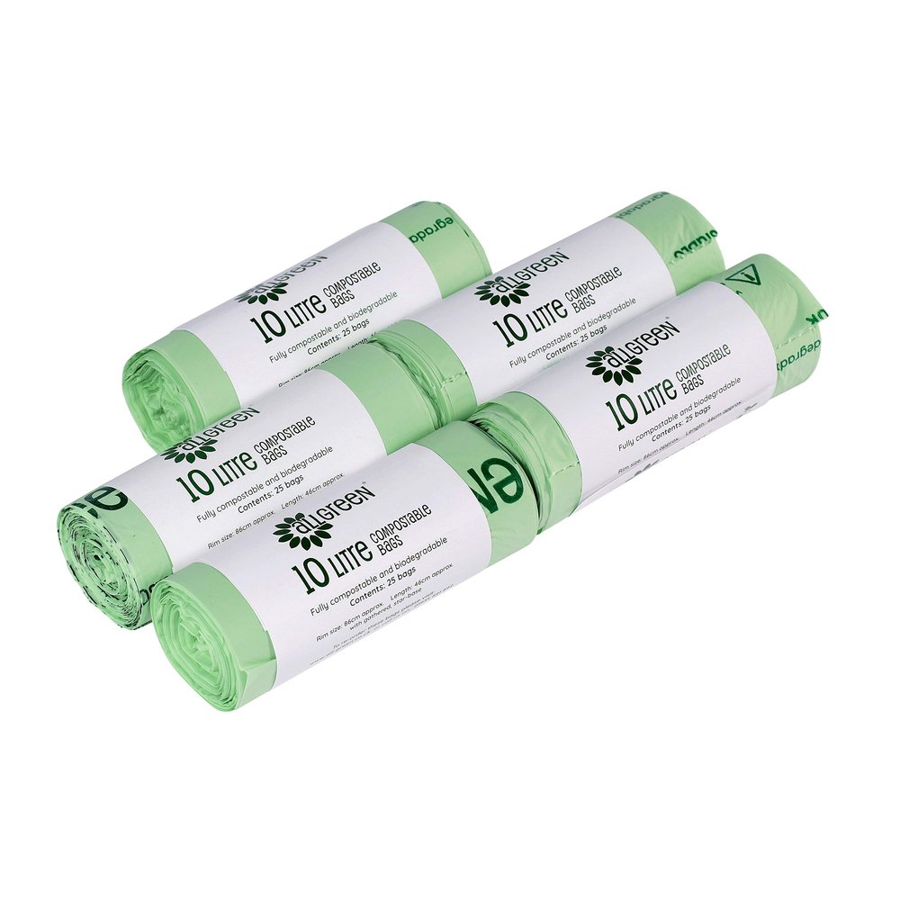 10 Litre x 125 All-Green bags - Compostable Kitchen Caddy Liner - Food Waste Bin Liners - EN 13432 - All-Green Bags with Composting Guide