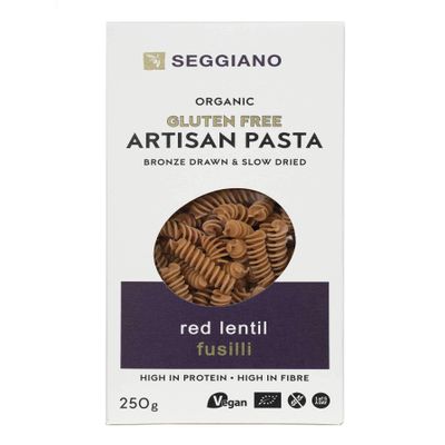 Seggiano Organic Red Lentil Fusilli 250g - Certified Gluten Free, Vegan, Vegetarian & GMO Free - High in Protein & High in Fibre - Made from 100% Legume Flour
