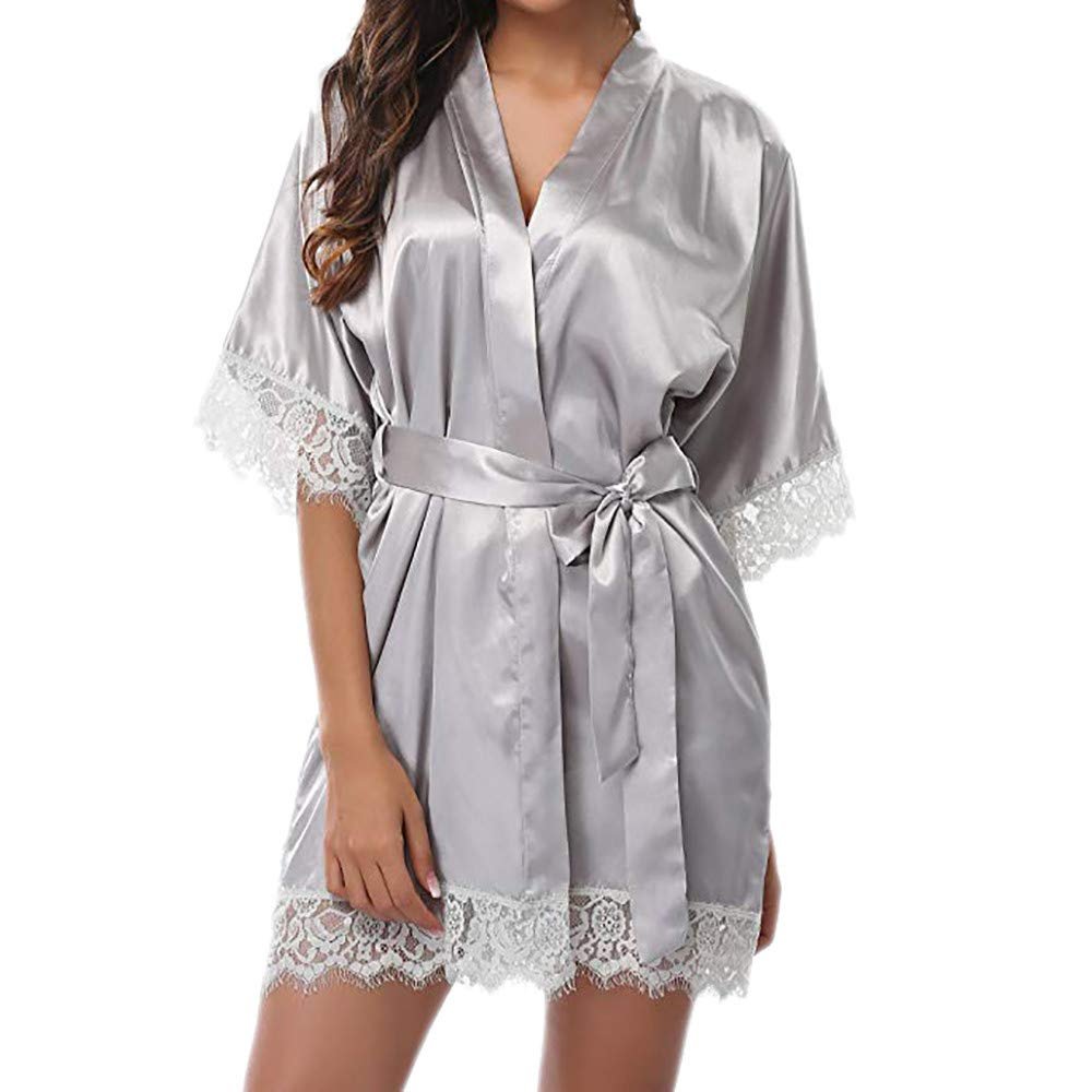 Gallity Women's Sexy Lingerie Lace Sleepwear Satin Nightwear Lace Trim Pajamas Suit (XL, Gray)
