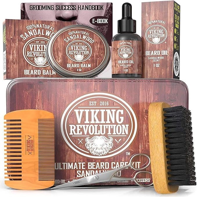 Viking Revolution - Beard Grooming Kit for Men - Ultimate Beard Kit with 100% Boar Beard Brush, Beard Comb, Beard Balm, Beard Oil & More - Gifts for Men - Valentines Gifts for Him - Sandalwood