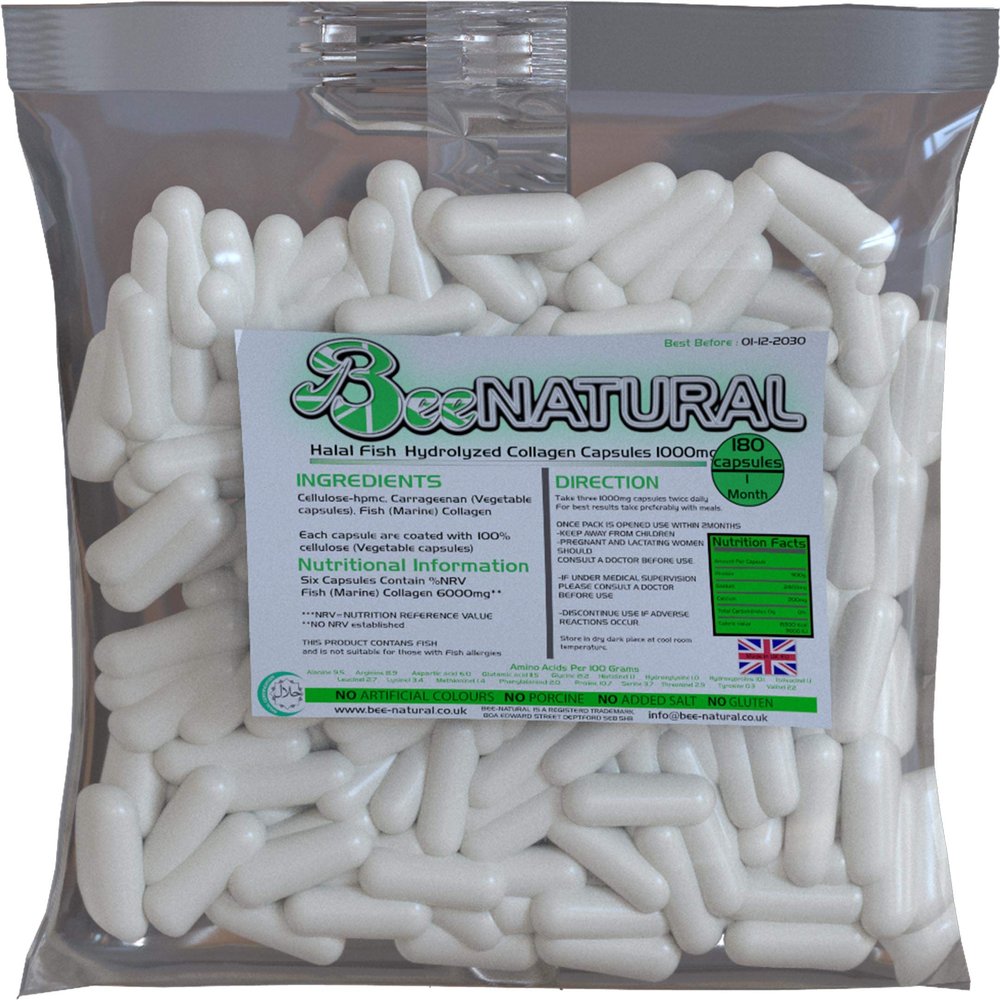 Bee-natural Halal Pure Marine Hydrolyzed Collagen 1000mg 180 Capsules (1 Month Supply)