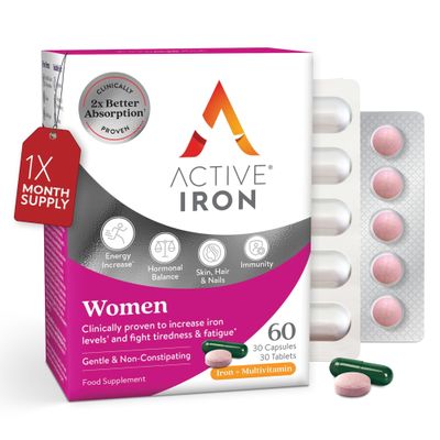 Active Iron Supplement 17 mg Multivitamin for Women - Clinically Proven to Increase Energy & Reduce Tiredness - Gentle, Non-Constipating Iron Womens Multivitamin - 30 Capsules + 30 Tablets