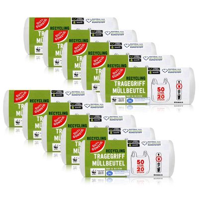 200 Bin Liners with Handle, 50 Litre, 20 Pieces Per Roll, Tear Resistant and Liquid Proof, Recyclable Product and Packaging - Pack of 10 Rolls