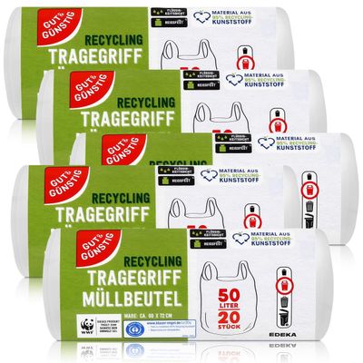 100 Bin Liners with Handle, 50 Litre, 20 Pieces Per Roll, Tear Resistant and Liquid Proof, Recyclable Product and Packaging - Pack of 5 Rolls
